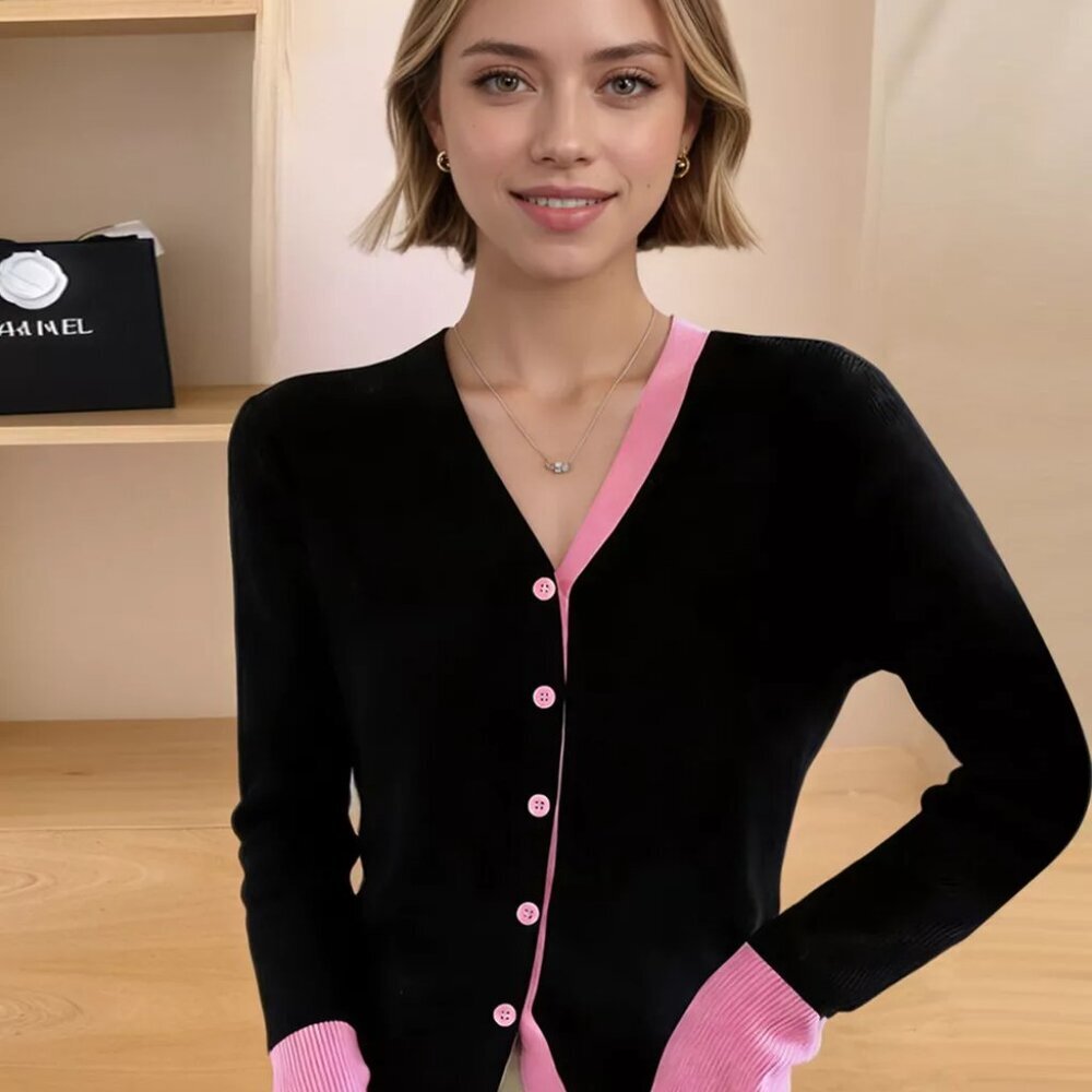 Contrast Trim Ribbed Knit Cardigan - Picture 3 of 12
